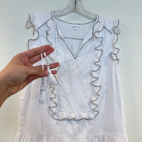 FLANNEL White Cotton Ruffled Tassle Tie Bohemian Cottagecore Designer Mini Dress - Picture 4 of 9